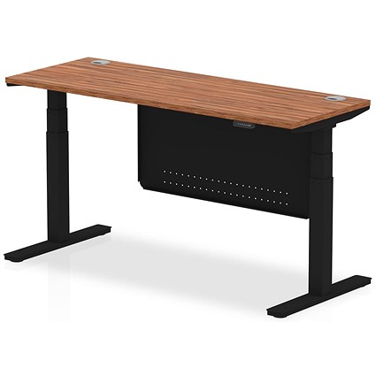 Air Modesty 1600mm Slim Rectangular Height Adjustable Desk, Black Leg & Modesty Panel, Walnut
