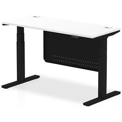 Air Modesty 1400mm Slim Rectangular Height Adjustable Desk, Black Leg & Modesty Panel, White