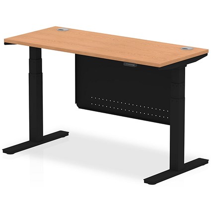 Air Modesty 1400mm Slim Rectangular Height Adjustable Desk, Black Leg & Modesty Panel, Oak