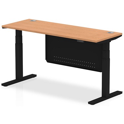 Air Modesty 1600mm Slim Rectangular Height Adjustable Desk, Black Leg & Modesty Panel, Oak