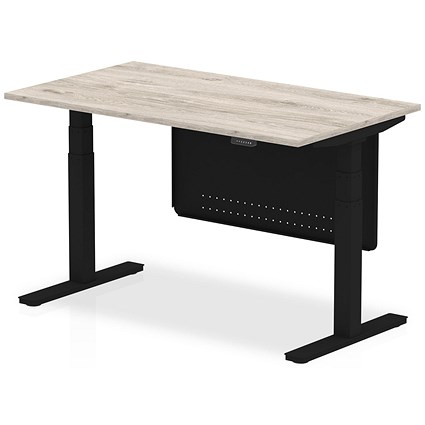 Air Modesty 1400mm Rectangular Height Adjustable Desk, Black Leg & Modesty Panel, Grey Oak