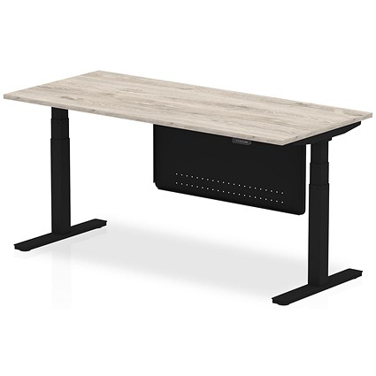 Air Modesty 1800mm Rectangular Height Adjustable Desk, Black Leg & Modesty Panel, Grey Oak