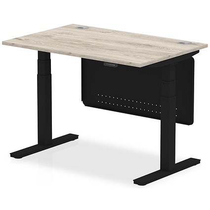 Air Modesty 1200mm Rectangular Cable Port Height Adjustable Desk, Black Leg & Modesty Panel, Grey Oak