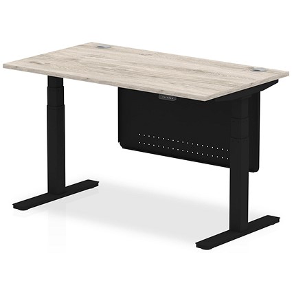 Air Modesty 1400mm Rectangular Cable Port Height Adjustable Desk, Black Leg & Modesty Panel, Grey Oak Air Modesty 1400mm Rectangular Cable Port Height Adjustable Desk, Black Leg & Modesty Panel, Grey Oak