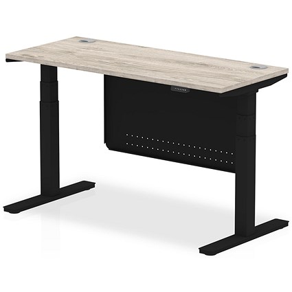 Air Modesty 1400mm Slim Rectangular Height Adjustable Desk, Black Leg & Modesty Panel, Grey Oak Air Modesty 1400mm Slim Rectangular Height Adjustable Desk, Black Leg & Modesty Panel, Grey Oak