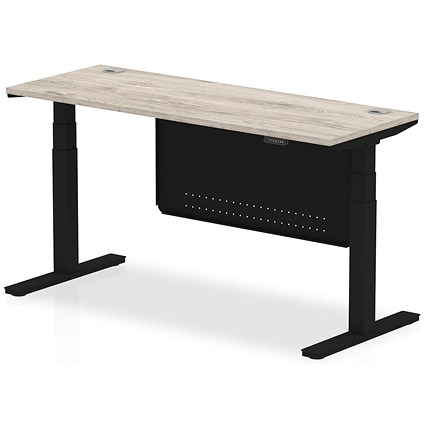 Air Modesty 1600mm Slim Rectangular Height Adjustable Desk, Black Leg & Modesty Panel, Grey Oak