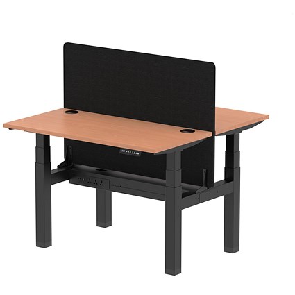 Air 2 Person Sit-Standing Bench Desk with Black Straight Screen, Back to Back, 2 x 1200mm (600mm Deep), Black Frame, Beech Air 2 Person Sit-Standing Bench Desk with Black Straight Screen, Back to Back, 2 x 1200mm (600mm Deep), Black Frame, Beech
