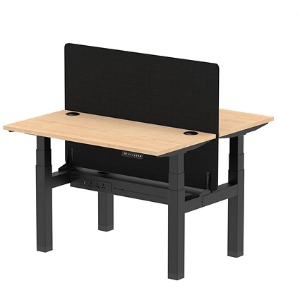 Air 2 Person Sit-Standing Bench Desk with Black Straight Screen, Back to Back, 2 x 1200mm (600mm Deep), Black Frame, Maple Air 2 Person Sit-Standing Bench Desk with Black Straight Screen, Back to Back, 2 x 1200mm (600mm Deep), Black Frame, Maple