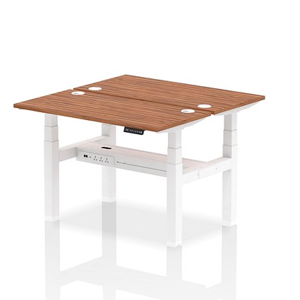 Air 2 Person Sit-Standing Bench Desk, Back to Back, 2 x 1200mm (600mm Deep), White Frame, Walnut