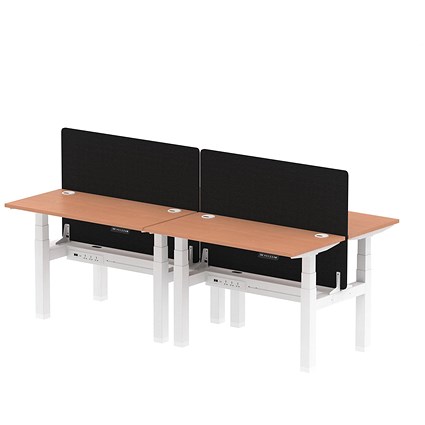 Air 4 Person Sit-Standing Bench Desk with Black Straight Screen, Back to Back, 4 x 1200mm (600mm Deep), White Frame, Beech Air 4 Person Sit-Standing Bench Desk with Black Straight Screen, Back to Back, 4 x 1200mm (600mm Deep), White Frame, Beech