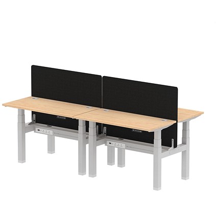 Air 4 Person Sit-Standing Bench Desk with Black Straight Screen, Back to Back, 4 x 1200mm (600mm Deep), Silver Frame, Maple Air 4 Person Sit-Standing Bench Desk with Black Straight Screen, Back to Back, 4 x 1200mm (600mm Deep), Silver Frame, Maple