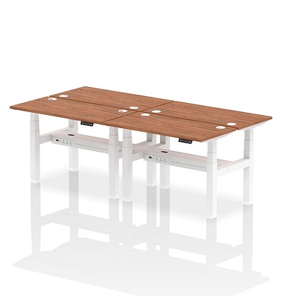 Air 4 Person Sit-Standing Bench Desk, Back to Back, 4 x 1200mm (600mm Deep), White Frame, Walnut Air 4 Person Sit-Standing Bench Desk, Back to Back, 4 x 1200mm (600mm Deep), White Frame, Walnut