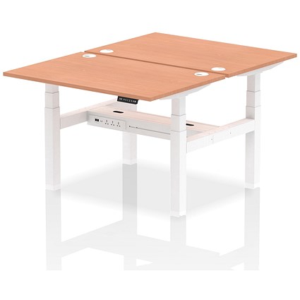 Air 2 Person Sit-Standing Bench Desk, Back to Back, 2 x 1200mm (800mm Deep), White Frame, Beech