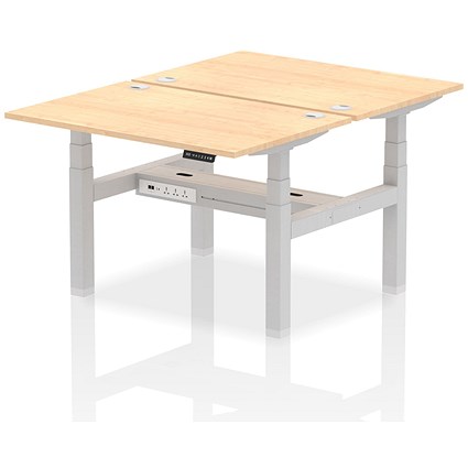 Air 2 Person Sit-Standing Bench Desk, Back to Back, 2 x 1200mm (800mm Deep), Silver Frame, Maple