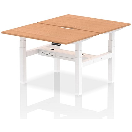 Air 2 Person Sit-Standing Scalloped Bench Desk, Back to Back, 2 x 1200mm (800mm Deep), White Frame, Oak