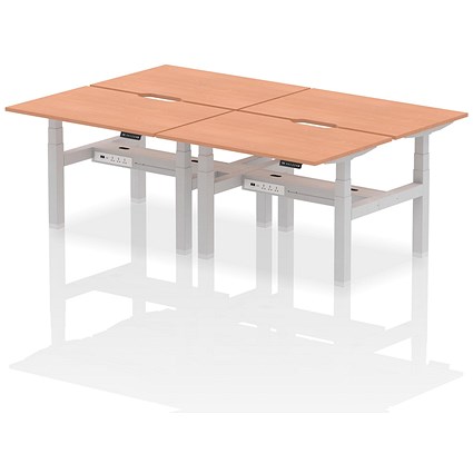 Air 4 Person Sit-Standing Scalloped Bench Desk, Back to Back, 4 x 1200mm (800mm Deep), Silver Frame, Beech
