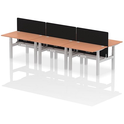 Air 6 Person Sit-Standing Bench Desk with Charcoal Straight Screen, Back to Back, 6 x 1200mm (800mm Deep), Silver Frame, Beech