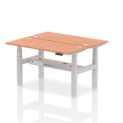 Air 2 Person Sit-Standing Bench Desk, Back to Back, 2 x 1400mm (600mm Deep), Silver Frame, Beech