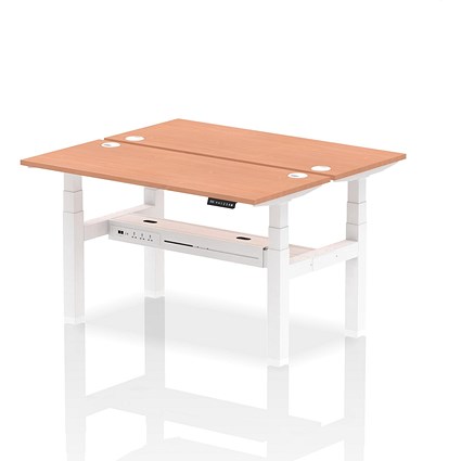 Air 2 Person Sit-Standing Bench Desk, Back to Back, 2 x 1400mm (600mm Deep), White Frame, Beech