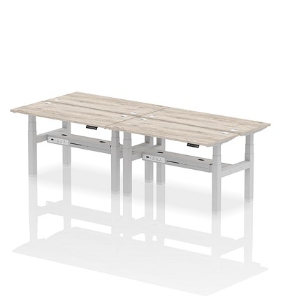 Air 4 Person Sit-Standing Bench Desk, Back to Back, 4 x 1400mm (600mm Deep), Silver Frame, Grey Oak