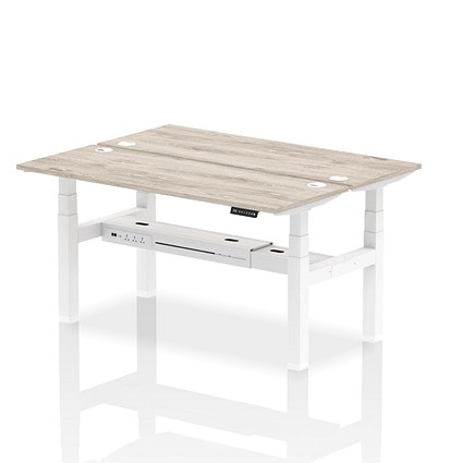 Air 2 Person Sit-Standing Bench Desk, Back to Back, 2 x 1600mm (600mm Deep), White Frame, Grey Oak