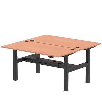 Air 2 Person Sit-Standing Bench Desk, Back to Back, 2 x 1600mm (800mm Deep), Black Frame, Beech