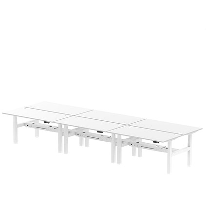 Air 6 Person Sit-Standing Bench Desk, Back to Back, 6 x 1600mm (800mm Deep), White Frame, White