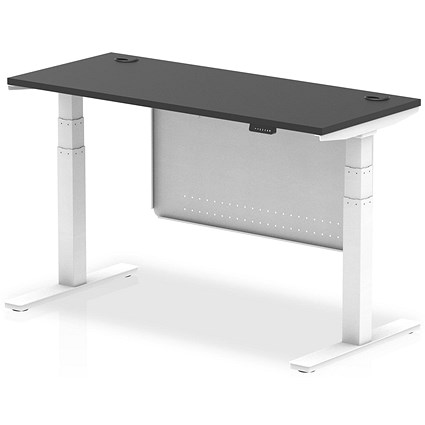Air 1400mm Slim Rectangular Height Adjustable Desk with Modesty Panel, White Leg and Panel, Black