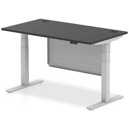 Air 1400mm Rectangular Height Adjustable Desk with Modesty Panel, Silver Leg and Panel, Black