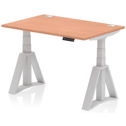 Air 1200mm Height Adjustable Cable Port Desk, Silver Leg with Piste Foot, Beech