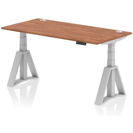 Air 1600mm Height Adjustable Cable Ports Desk, Silver Leg with Piste Foot, Walnut