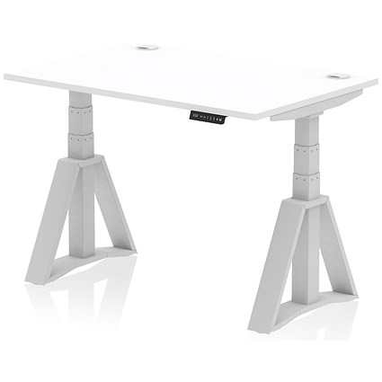 Air 1200mm Height Adjustable Cable Port Desk, Silver Leg with Piste Foot, White