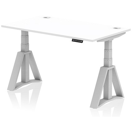 Air 1400mm Height Adjustable Cable Port Desk, Silver Leg with Piste Foot, White