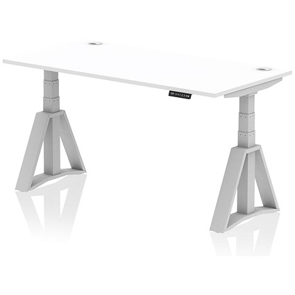Air 1600mm Height Adjustable Cable Ports Desk, Silver Leg with Piste Foot, White