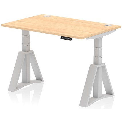 Air 1200mm Height Adjustable Cable Port Desk, Silver Leg with Piste Foot, Maple