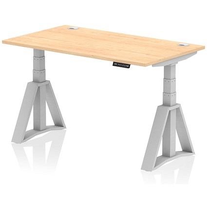 Air 1400mm Height Adjustable Cable Port Desk, Silver Leg with Piste Foot, Maple