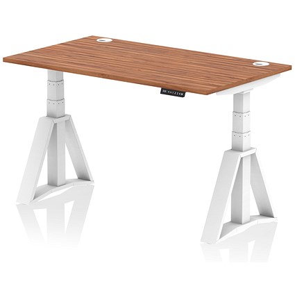 Air 1400mm Height Adjustable Cable Port Desk, White Leg with Piste Foot, Walnut