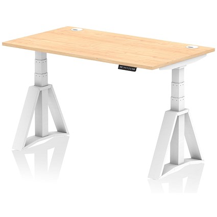 Air 1400mm Height Adjustable Cable Port Desk, White Leg with Piste Foot, Maple