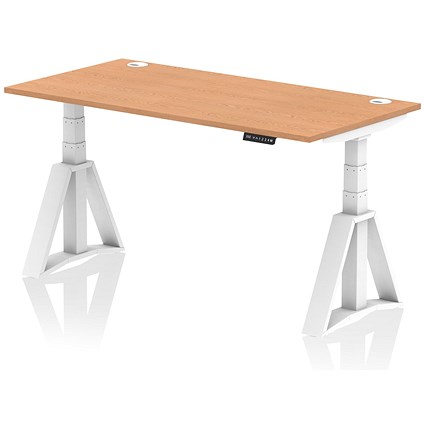 Air 1600mm Height Adjustable Cable Ports Desk, White Leg with Piste Foot, Oak