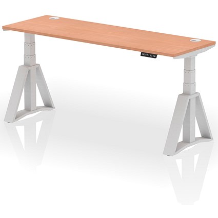 Air 1800mm Slim Height Adjustable Cable Ports Desk, Silver Leg with Piste Foot, Beech