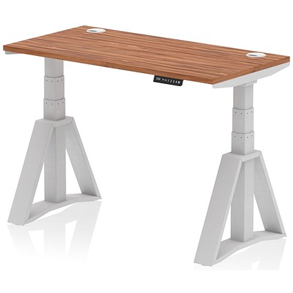 Air 1200mm Slim Height Adjustable Cable Ports Desk, Silver Leg with Piste Foot, Walnut
