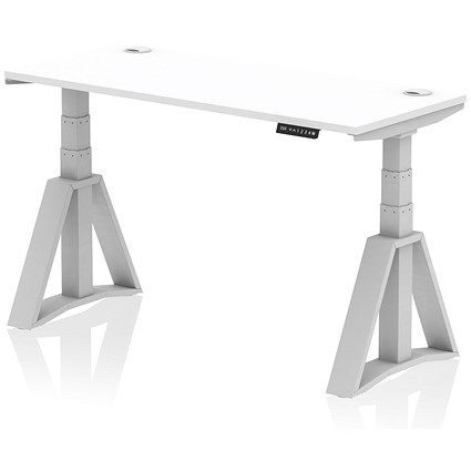 Air 1400mm Slim Height Adjustable Cable Ports Desk, Silver Leg with Piste Foot, White