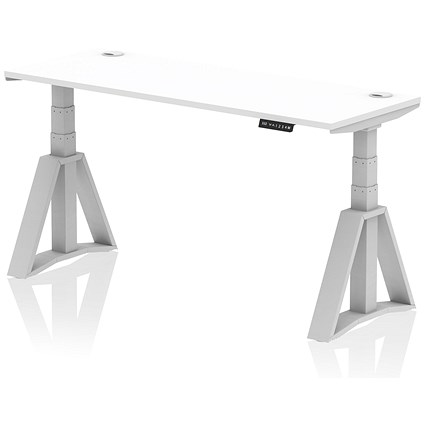 Air 1600mm Slim Height Adjustable Cable Ports Desk, Silver Leg with Piste Foot, White