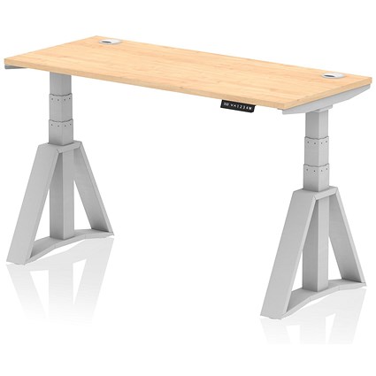 Air 1400mm Slim Height Adjustable Cable Ports Desk, Silver Leg with Piste Foot, Maple