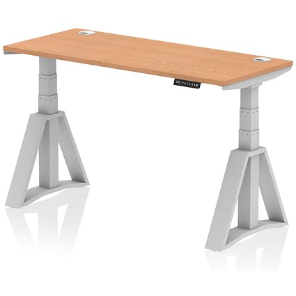 Air 1400mm Slim Height Adjustable Cable Ports Desk, Silver Leg with Piste Foot, Oak