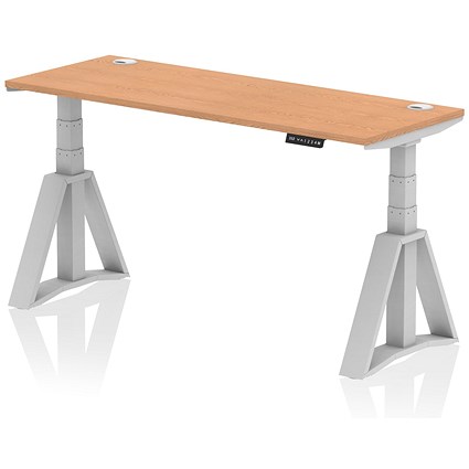 Air 1600mm Slim Height Adjustable Cable Ports Desk, Silver Leg with Piste Foot, Oak