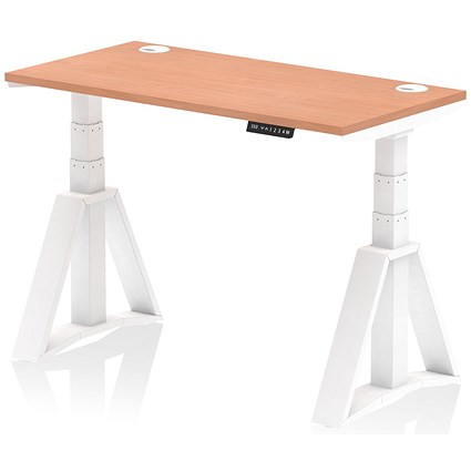 Air 1200mm Slim Height Adjustable Cable Ports Desk, White Leg with Piste Foot, Beech