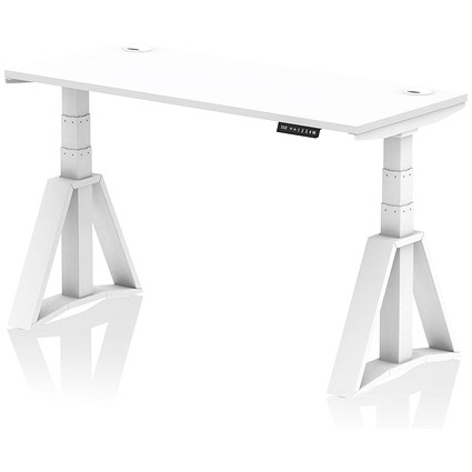 Air 1400mm Slim Height Adjustable Cable Ports Desk, White Leg with Piste Foot, White