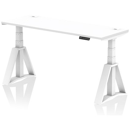 Air 1600mm Slim Height Adjustable Cable Ports Desk, White Leg with Piste Foot, White