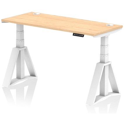 Air 1400mm Slim Height Adjustable Cable Ports Desk, White Leg with Piste Foot, Maple